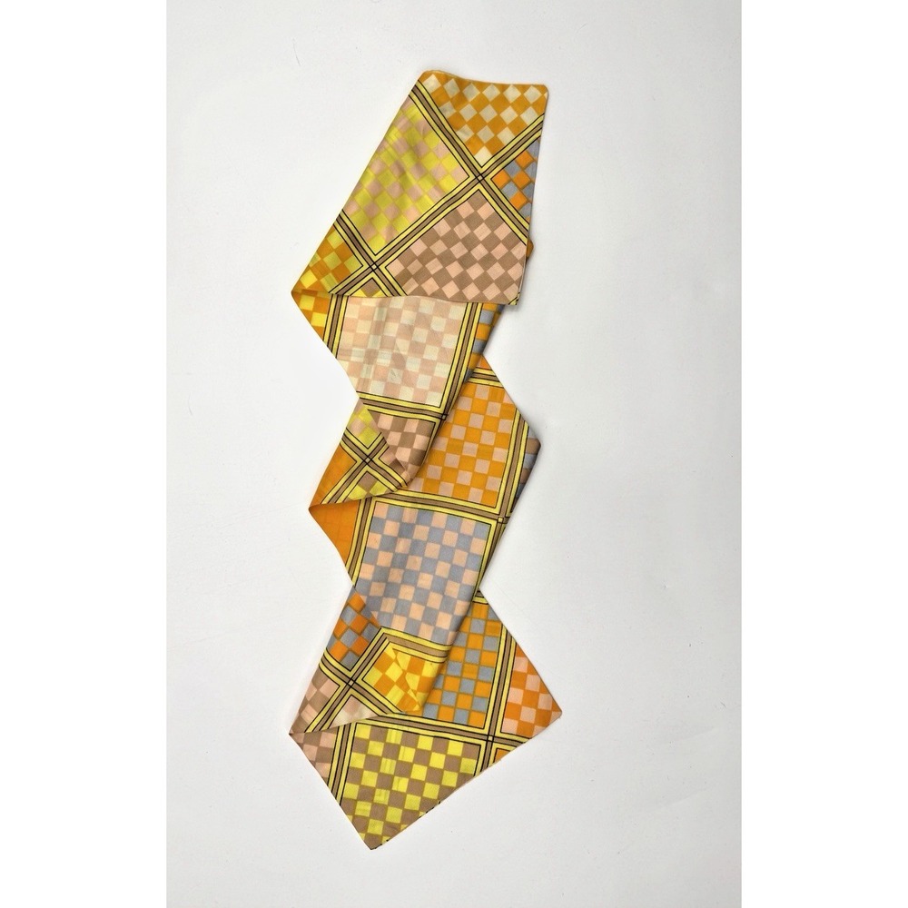 Silk Skinny Scarf Head Wrap Checkers Pattern Geometric 70s Designer Luxury 7x34"